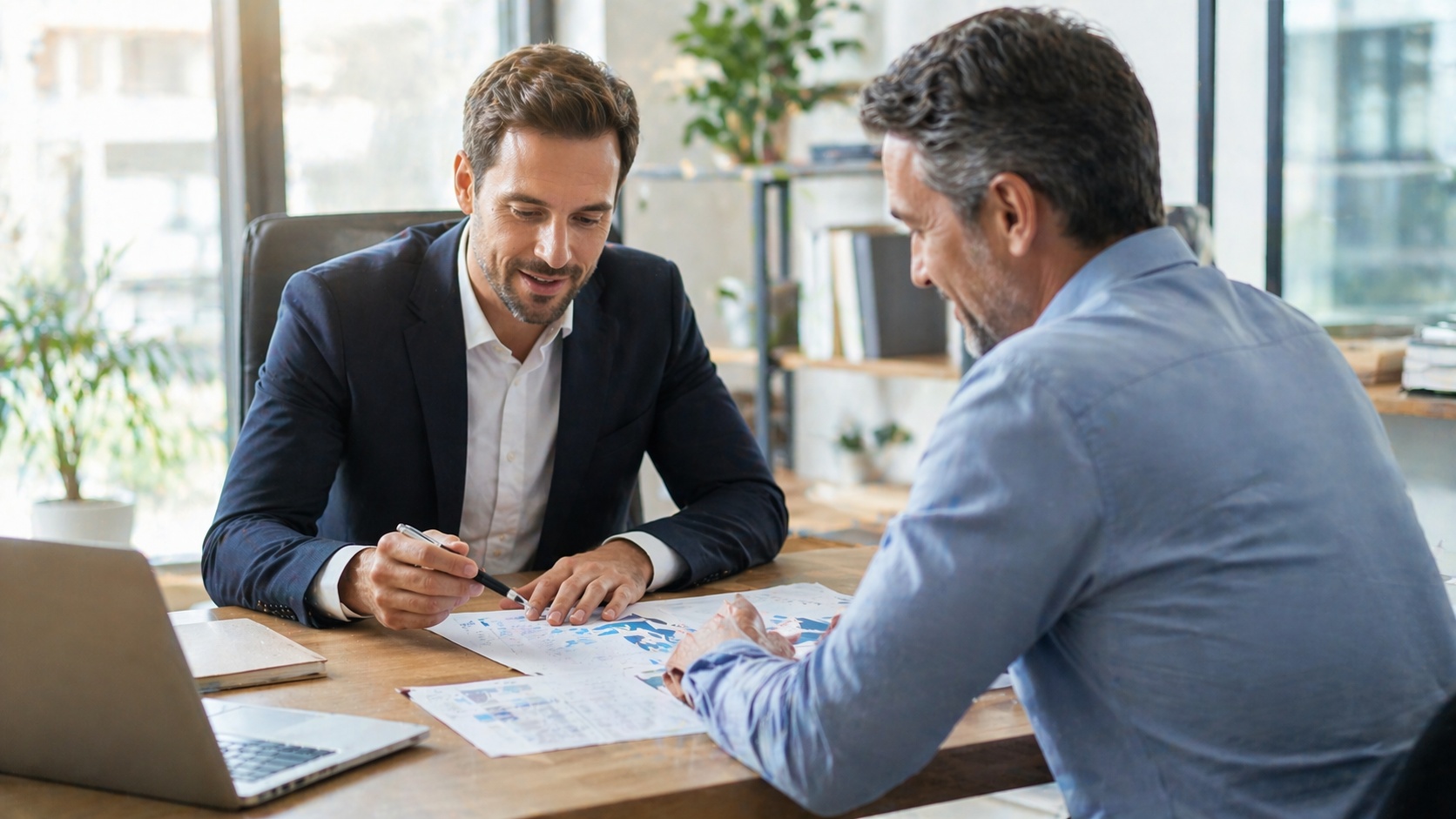 Consulente finanziario incontra un cliente per valutare soluzioni di previdenza complementare