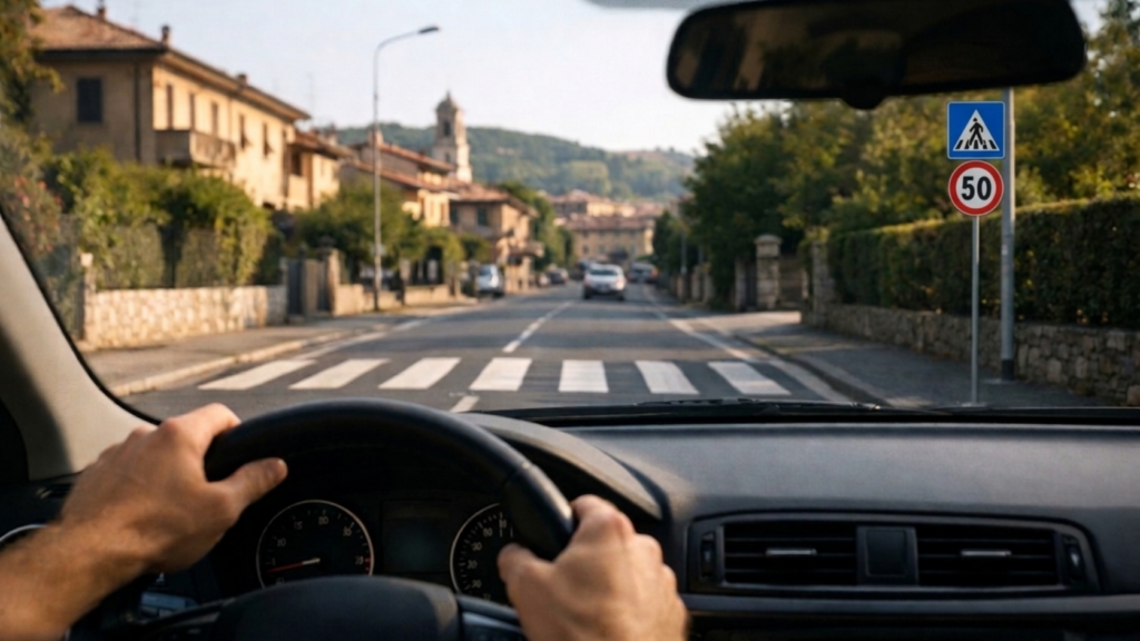 Conducente alla guida su strada urbana con segnaletica stradale e attraversamento pedonale