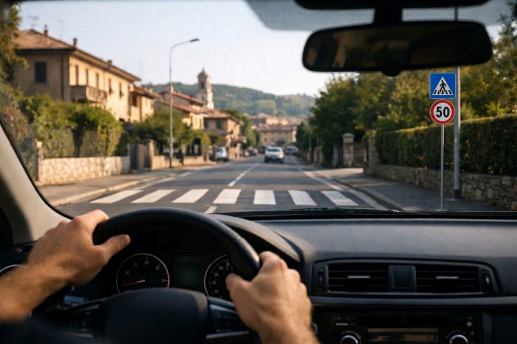 Conducente alla guida su strada urbana con segnaletica stradale e attraversamento pedonale