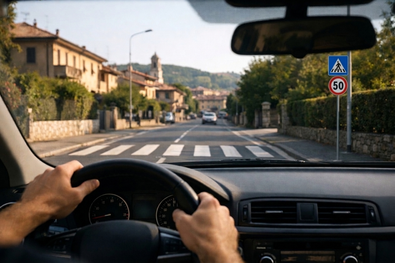 Conducente alla guida su strada urbana con segnaletica stradale e attraversamento pedonale