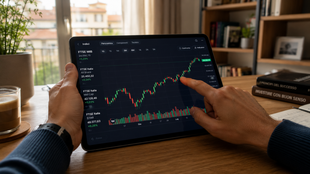 Mani che consultano un grafico di investimento su tablet in ufficio luminoso.