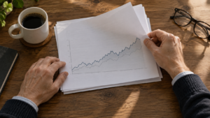Mani che sfogliano un grafico finanziario stampato su un tavolo